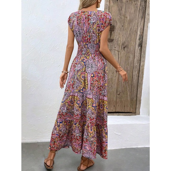 boho gypsy Paisley Print Shirred Detail Ruffle Hem Dress - Picture 3 of 12